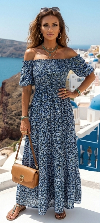 Zwiewna Sukienka Hiszpanka Marszczona Kwiaty Łączka Ściągacz Granatowa #Q718 FASHIONAVENUE.PL