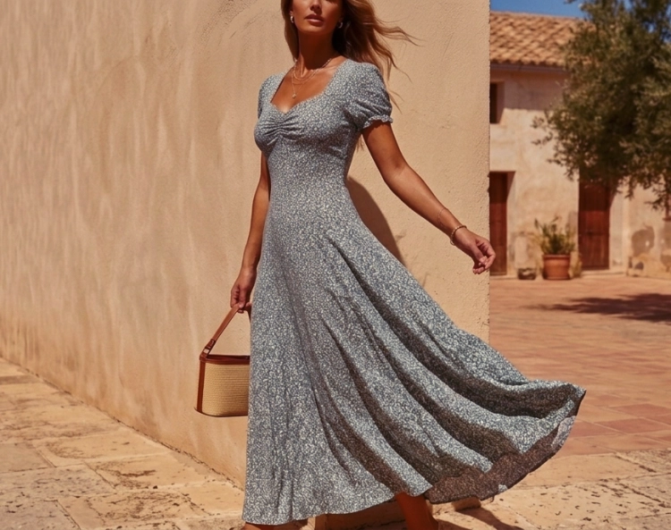 Elegancka Długa Sukienka w Kwiaty Łączka z Bufkami i Marszczonym Biustem Szara #Q733 FASHIONAVENUE.PL