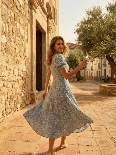 Elegancka Długa Sukienka w Kwiaty Łączka z Bufkami i Marszczonym Biustem Szara #Q733 FASHIONAVENUE.PL