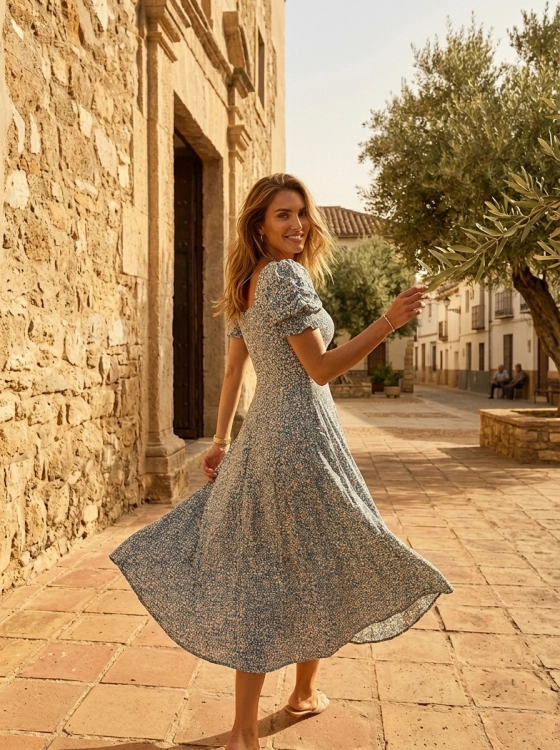 Elegancka Długa Sukienka w Kwiaty Łączka z Bufkami i Marszczonym Biustem Szara #Q733 FASHIONAVENUE.PL