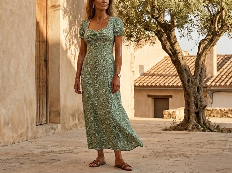 Elegancka Długa Sukienka w Kwiaty Łączka z Bufkami i Marszczonym Biustem Zielona #Q733 FASHIONAVENUE.PL