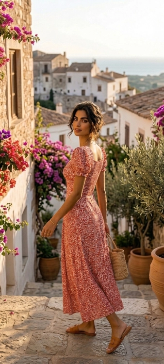 Elegancka Długa Sukienka w Kwiaty Łączka z Bufkami i Marszczonym Biustem Czerwona #Q733 FASHIONAVENUE.PL