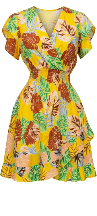 Letnia Zwiewna Sukienka Midi w Tropikalne Liście z Falbaną Żółta #FW86-5 FASHIONAVENUE.PL