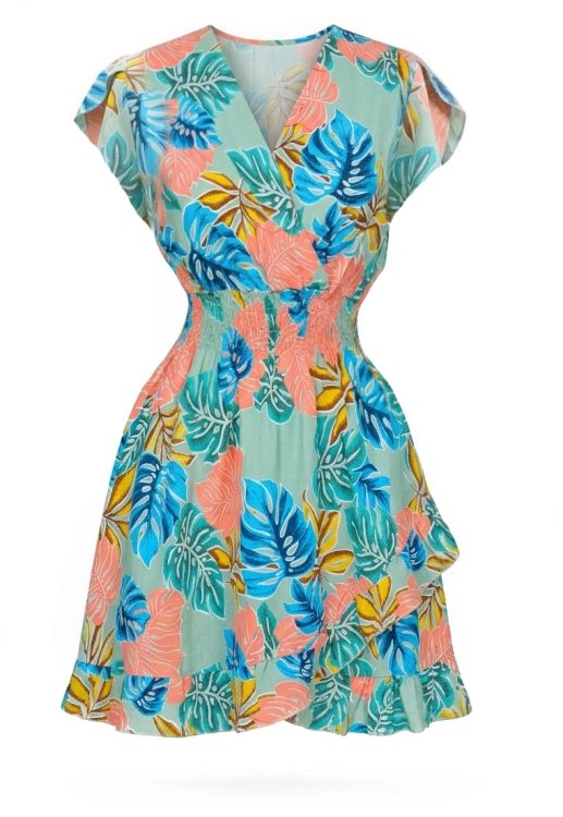 Letnia Zwiewna Sukienka Midi w Tropikalne Liście z Falbaną Seledynowa #FW86-5 FASHIONAVENUE.PL