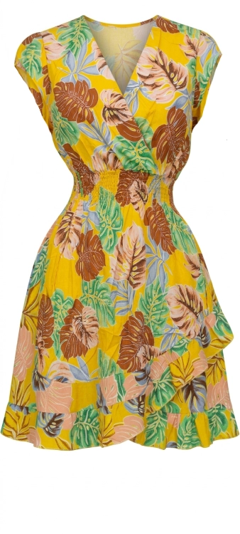 Letnia Zwiewna Sukienka Midi w Tropikalne Liście z Falbaną Żółta #FW86-5  FASHIONAVENUE.PL