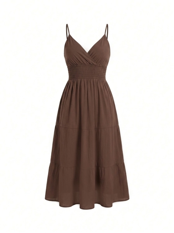 Elegancka Sukienka Midi ze Ściągaczem pod Biustem Kopertowy Dekolt Bawełna Czekoladowa #FW33-49 FASHIONAVENUE.PL