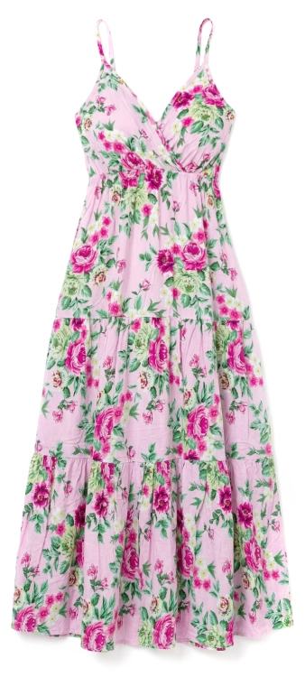 Kwiatowa Zwiewna Sukienka Bawełniana Maxi z Kopertowym Dekoltem w Różane Motywy Pudrowy Róż #6904 FASHIONAVENUE.PL