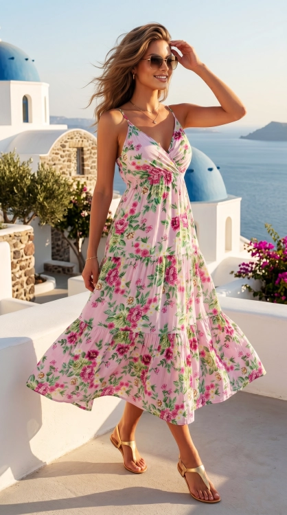 Kwiatowa Zwiewna Sukienka Bawełniana Maxi z Kopertowym Dekoltem w Różane Motywy Pudrowy Róż #6904 FASHIONAVENUE.PL