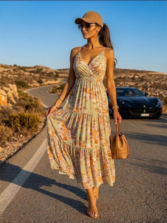 Kwiatowa Zwiewna Sukienka Bawełniana Maxi z Kopertowym Dekoltem w Różane Motywy Pistacjowy #6904 FASHIONAVENUE.PL