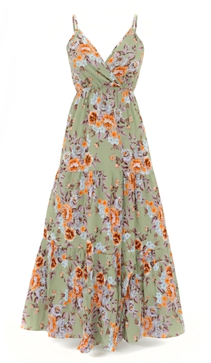 Kwiatowa Zwiewna Sukienka Bawełniana Maxi z Kopertowym Dekoltem w Różane Motywy Pistacjowy #6904 FASHIONAVENUE.PL