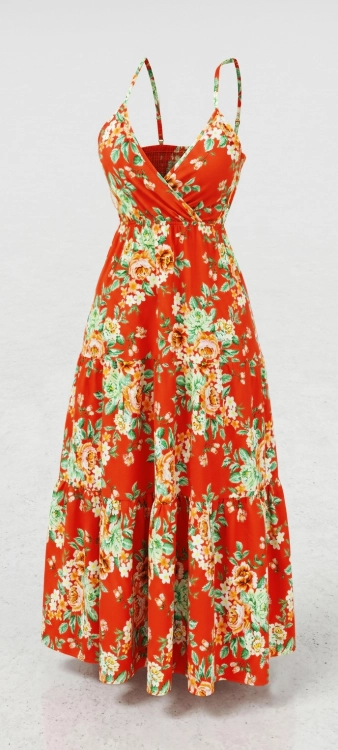 Kwiatowa Zwiewna Sukienka Bawełniana Maxi z Kopertowym Dekoltem w Różane Motywy Czerwona #6904 FASHIONAVENUE.PL