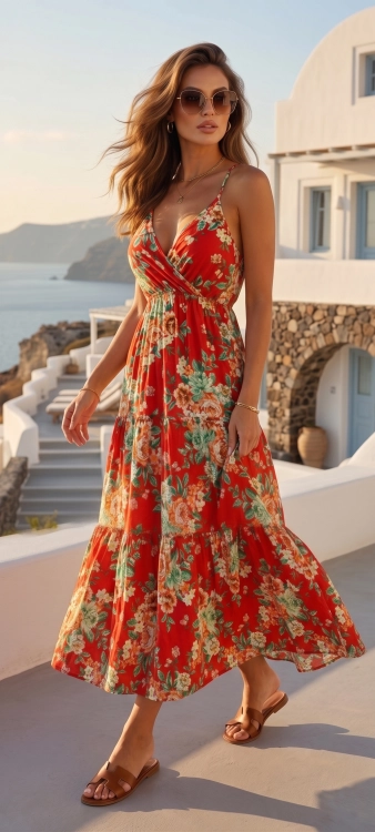 Kwiatowa Zwiewna Sukienka Bawełniana Maxi z Kopertowym Dekoltem w Różane Motywy Czerwona #6904 FASHIONAVENUE.PL