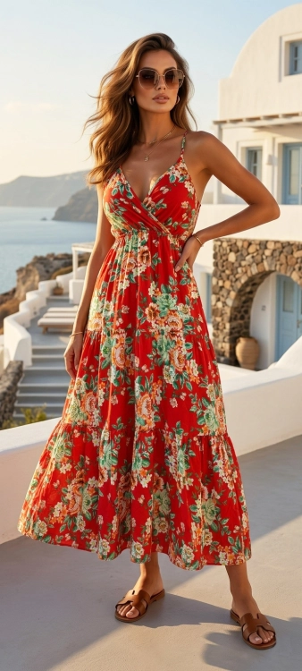 Kwiatowa Zwiewna Sukienka Bawełniana Maxi z Kopertowym Dekoltem w Różane Motywy Czerwona #6904 FASHIONAVENUE.PL