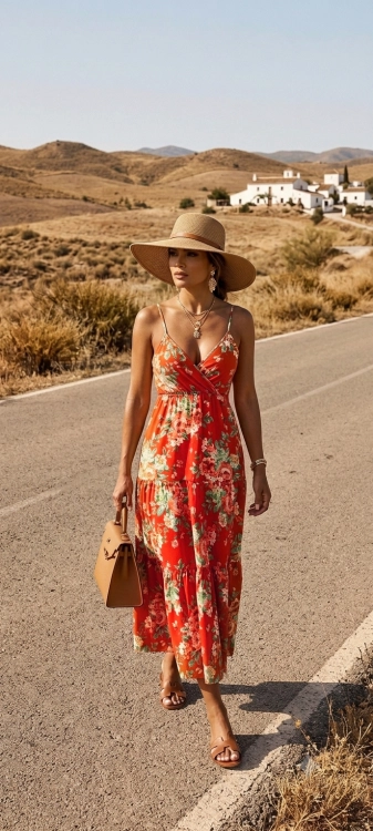 Kwiatowa Zwiewna Sukienka Bawełniana Maxi z Kopertowym Dekoltem w Różane Motywy Czerwona #6904 FASHIONAVENUE.PL