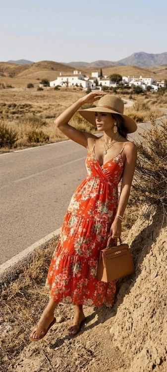 Kwiatowa Zwiewna Sukienka Bawełniana Maxi z Kopertowym Dekoltem w Różane Motywy Czerwona #6904 FASHIONAVENUE.PL