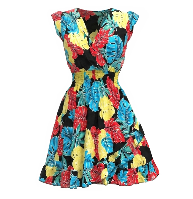 Letnia Zwiewna Sukienka Midi w Tropikalne Liście z Falbaną Czarna #FW86-5 FASHIONAVENUE.PL