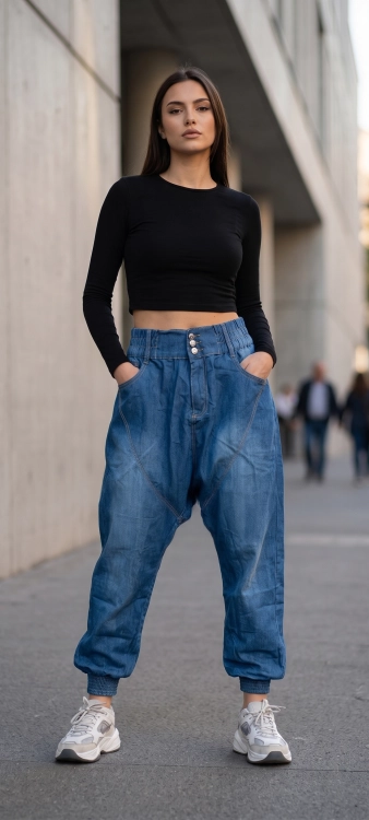 Jeansy Baggy z Obniżonym Krokiem Styl Oversize Jogger Pumpki Haremki Alladynki #M241  FASHIONAVENUE.PL