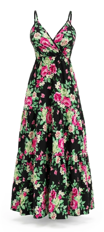 Kwiatowa Zwiewna Sukienka Bawełniana Maxi z Kopertowym Dekoltem w Różane Motywy Czarna #6904 FASHIONAVENUE.PL