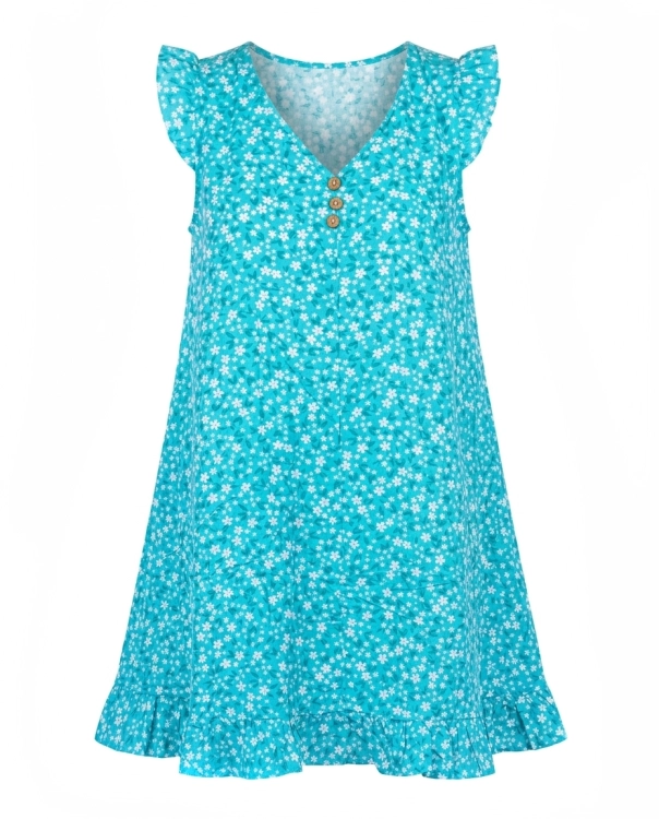 Błękitna Bawełniana Sukienka w Kwiaty Dziewczęca Midi z Falbankami Guziczkami #7131 FASHIONAVENUE.PL