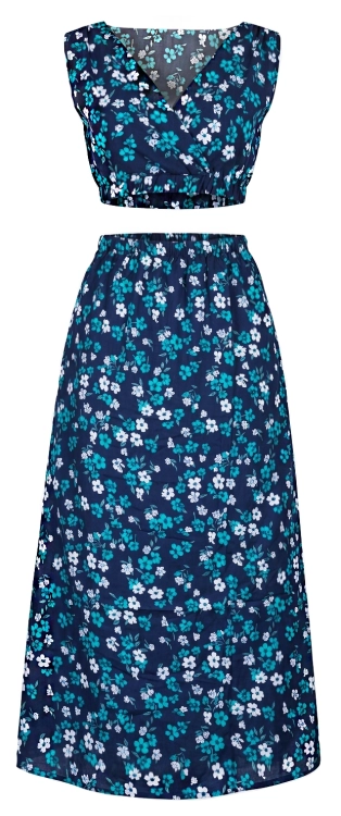 Kwiatowy Komplet Letni Kobiecy Top z Kopertowym Dekoltem i Spódnica Maxi Granat-Turkus #6636 FASHIONAVENUE.PL