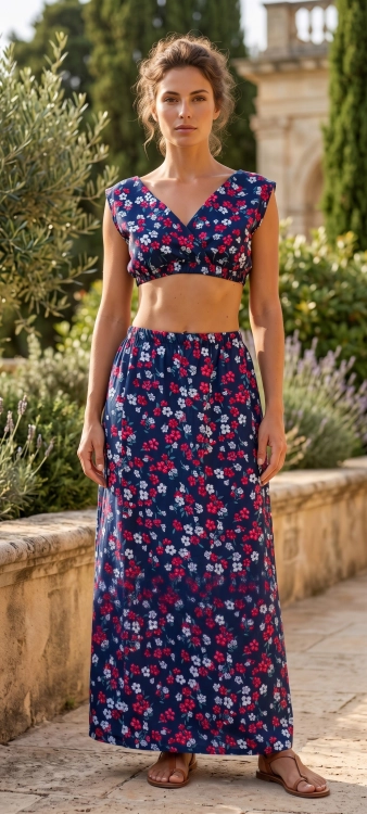Kwiatowy Komplet Letni Kobiecy Top z Kopertowym Dekoltem i Spódnica Maxi Granat-Czerwony #6636 FASHIONAVENUE.PL