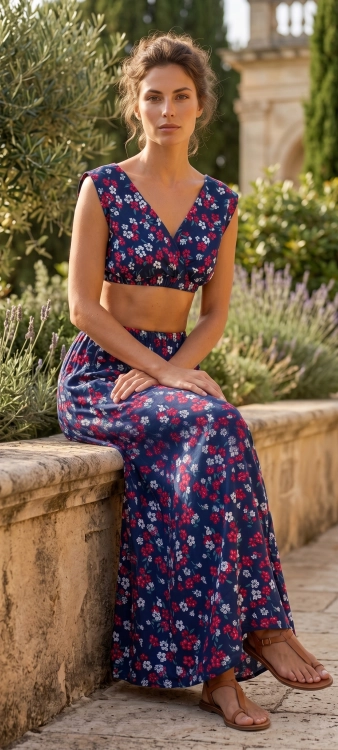 Kwiatowy Komplet Letni Kobiecy Top z Kopertowym Dekoltem i Spódnica Maxi Granat-Czerwony #6636 FASHIONAVENUE.PL