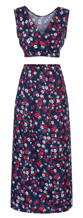 Kwiatowy Komplet Letni Kobiecy Top z Kopertowym Dekoltem i Spódnica Maxi Granat-Czerwony #6636 FASHIONAVENUE.PL