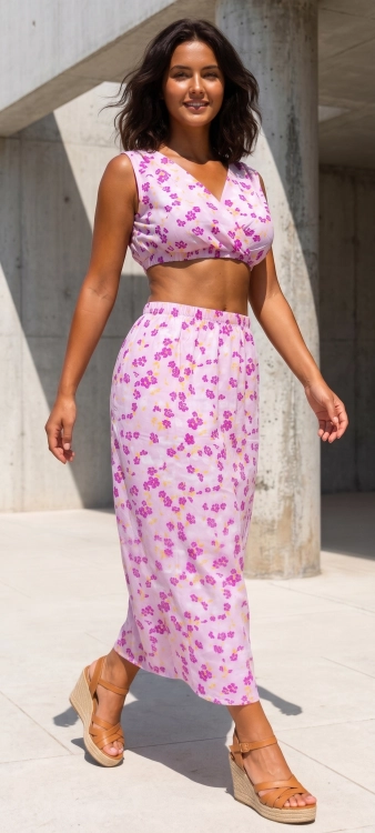 Kwiatowy Komplet Letni Kobiecy Top z Kopertowym Dekoltem i Spódnica Maxi Różowy #6636 FASHIONAVENUE.PL