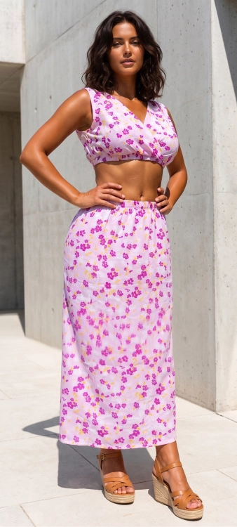Kwiatowy Komplet Letni Kobiecy Top z Kopertowym Dekoltem i Spódnica Maxi Różowy #6636 FASHIONAVENUE.PL