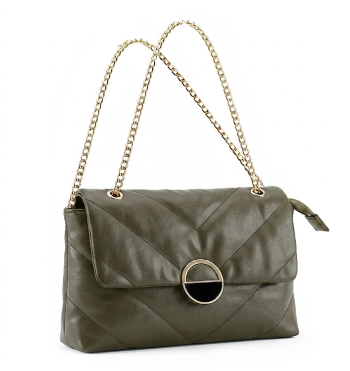 Elegancka Torebka Wizytowa Pikowana z Ozdobnym Zapięciem Khaki #3203