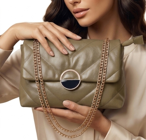 Elegancka Torebka Wizytowa Pikowana z Ozdobnym Zapięciem Khaki #3203