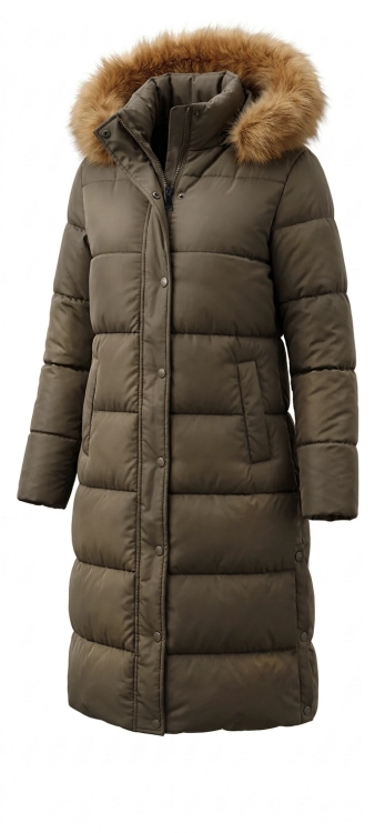 Długa Kurtka Zimowa Pikowana Płaszcz Khaki z Kapturem Futerkiem #V725 FASHIONAVENUE.PL