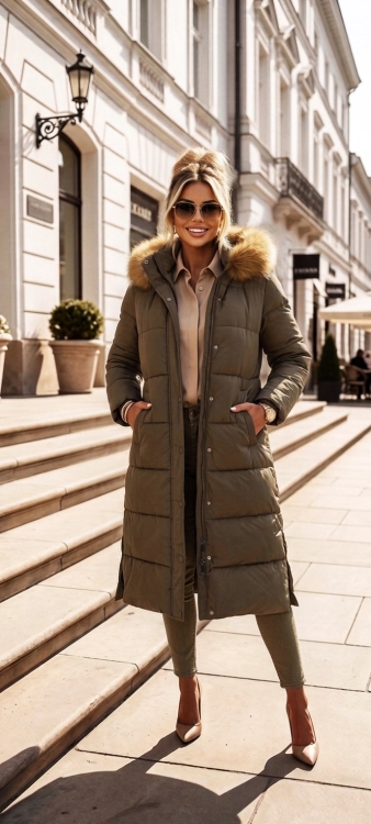 Długa Kurtka Zimowa Pikowana Płaszcz Khaki z Kapturem Futerkiem #V725 FASHIONAVENUE.PL