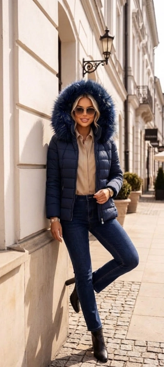 Kurtka Zimowa Damska z Kapturem i Futerkiem Granatowa #YP-20091-55 FASHIONAVENUE.PL