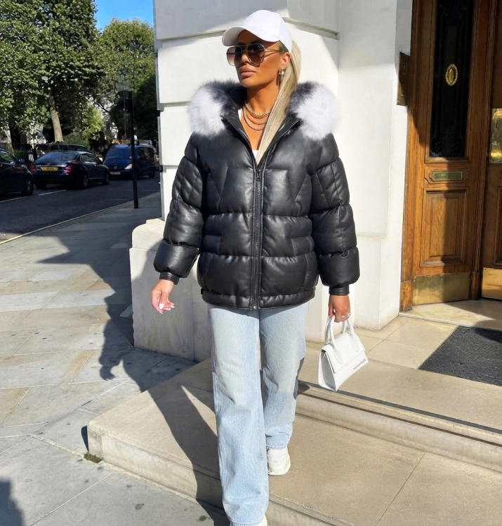 Kurtka Zimowa Damska Czarna Oversize Puffer z Trzykolorowym Futerkiem #H-1109-01 FASHIONAVENUE.PL
