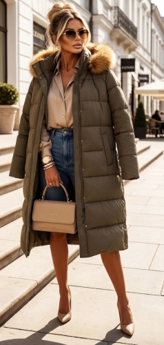Długa Kurtka Zimowa Pikowana Płaszcz Khaki z Kapturem Futerkiem #V725 FASHIONAVENUE.PL