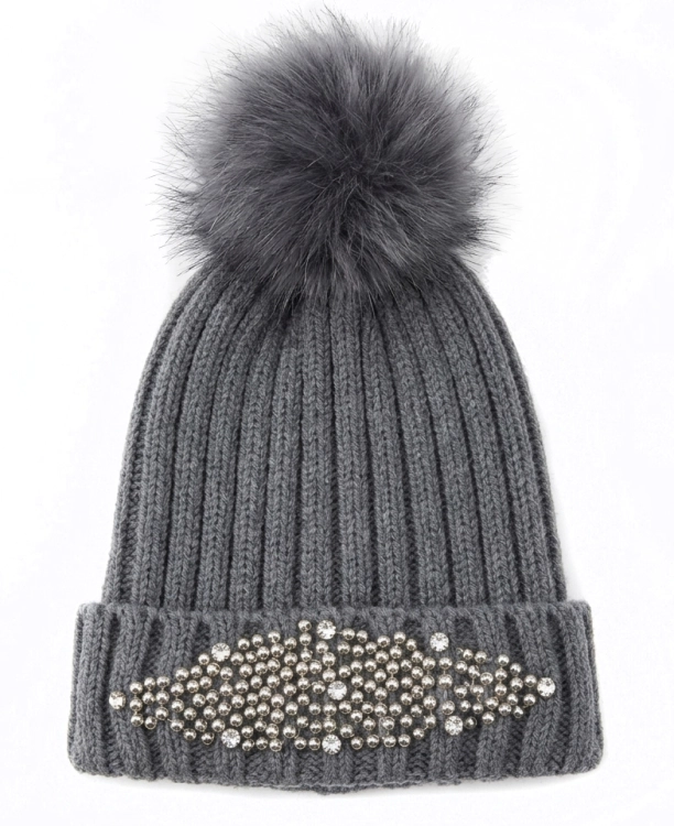 Czapka Zimowa z Cyrkoniami Kryształkami Odpinanym Pomponem Szara #H52009 FASHIONAVENUE.PL