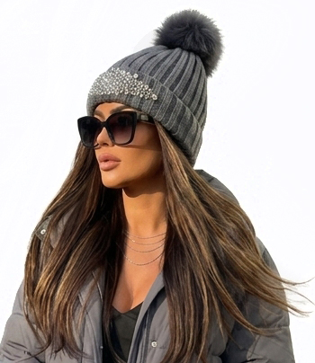 Czapka Zimowa z Cyrkoniami Kryształkami Odpinanym Pomponem Szara #H52009 FASHIONAVENUE.PL