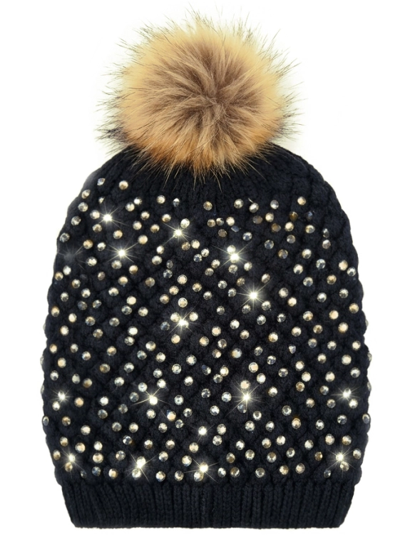Czapka Zimowa z Miodowymi Kryształkami i Pomponem Czarna #CM321 FASHIONAVENUE.PL