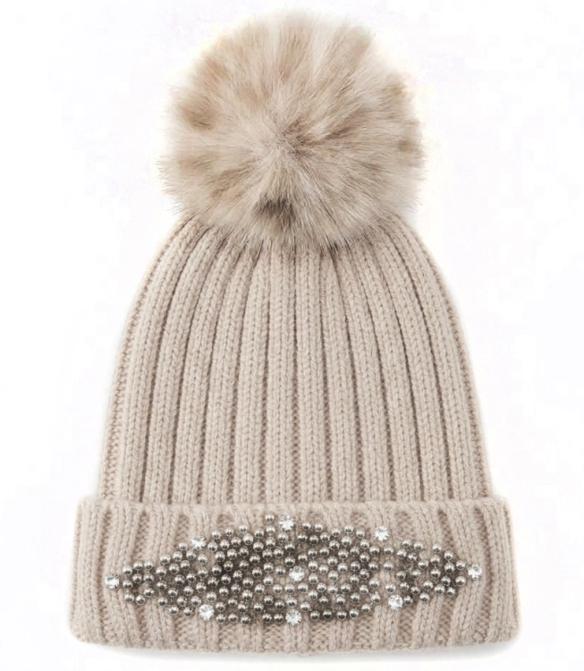 Czapka Zimowa z Cyrkoniami Kryształkami Odpinanym Pomponem Beżowa #H52009 FASHIONAVENUE.PL