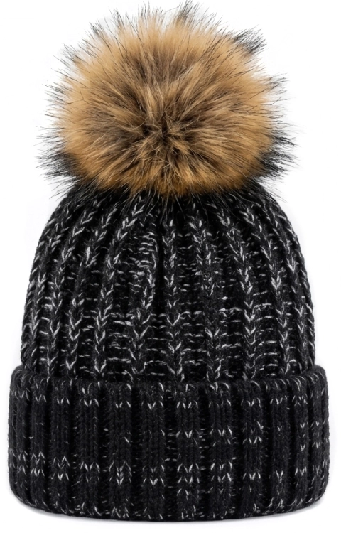 Czapka Zimowa w Warkocze z Puszystym Pomponem Melanż Czarno-Biały #H6979 FASHIONAVENUE.PL