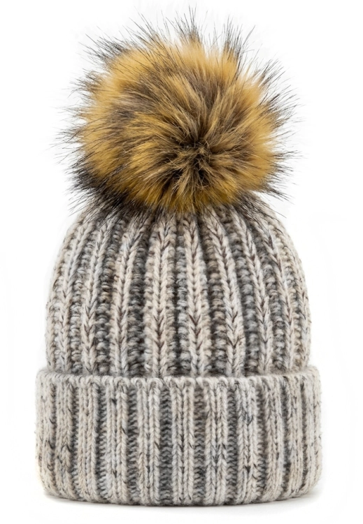Czapka Zimowa w Warkocze z Puszystym Pomponem Melanż Beżowo-Czarny #H6979 FASHIONAVENUE.PL