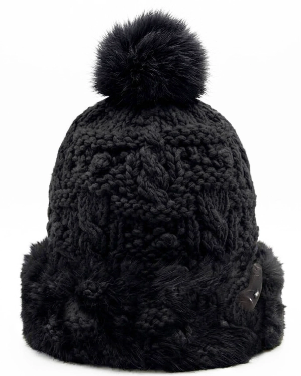 Ciepła Czapka Zimowa z Angorą Futerkiem i Pomponem Czarna #CM-98 FASHIONAVENUE.PL