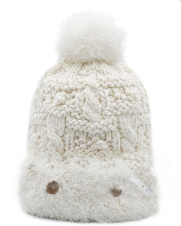 Ciepła Czapka Zimowa z Angorą Futerkiem i Pomponem Biała #CM-98 FASHIONAVENUE.PL