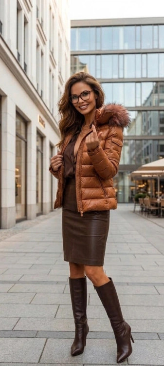 Krótka Pikowana Kurtka Zimowa z Kapturem i Futerkiem Koniakowy Brąz #YP20129 FASHIONAVENUE.PL
