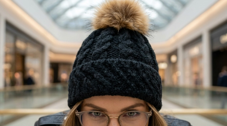 Czapka Zimowa Splot Twist z Mankietem Pompon z Naturalnego Futra Czarna #H79060 FASHIONAVENUE.PL