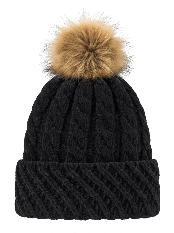 Czapka Zimowa Splot Twist z Mankietem Pompon z Naturalnego Futra Czarna #H79060 FASHIONAVENUE.PL