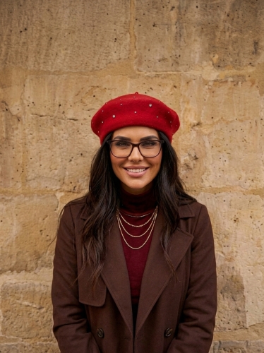 Elegancki Beret Wełniany Zdobiony Cyrkoniami i Kryształkami Czerwony #CM1131 FASHIONAVENUE.PL