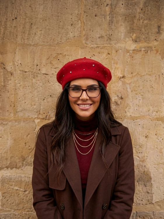 Elegancki Beret Wełniany Zdobiony Cyrkoniami i Kryształkami Czerwony #CM1131 FASHIONAVENUE.PL