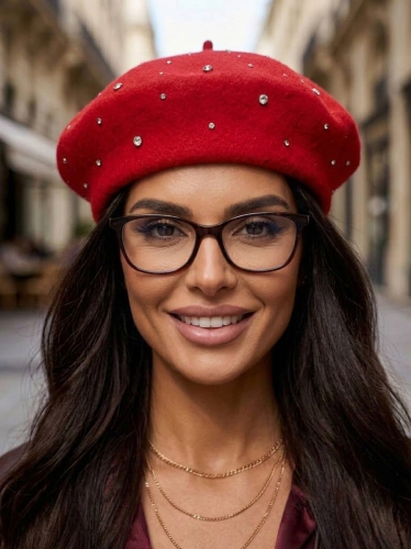 Elegancki Beret Wełniany Zdobiony Cyrkoniami i Kryształkami Czerwony #CM1131 FASHIONAVENUE.PL